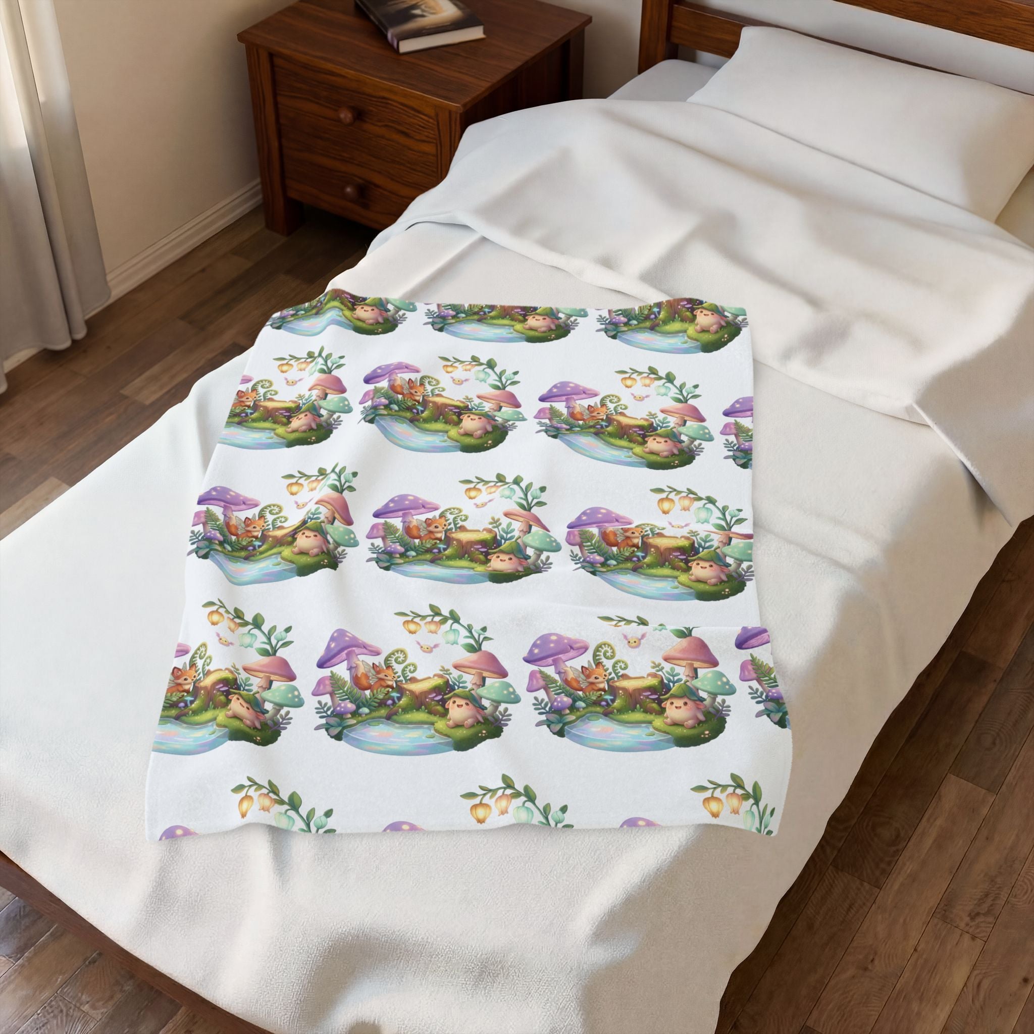 Fantasy Mushroom Fairy Velveteen Plush Blanket — Cute Woodland Nursery Throw