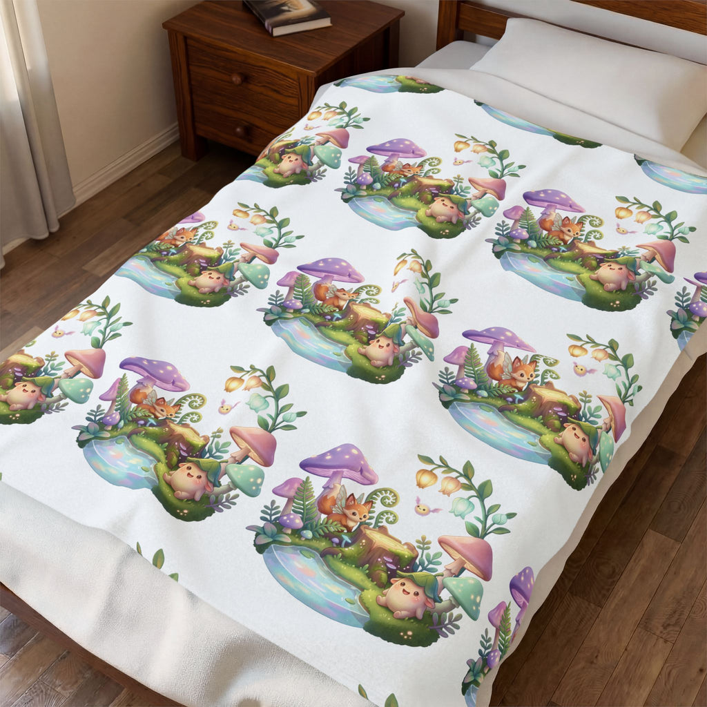 Fantasy Mushroom Fairy Velveteen Plush Blanket — Cute Woodland Nursery Throw