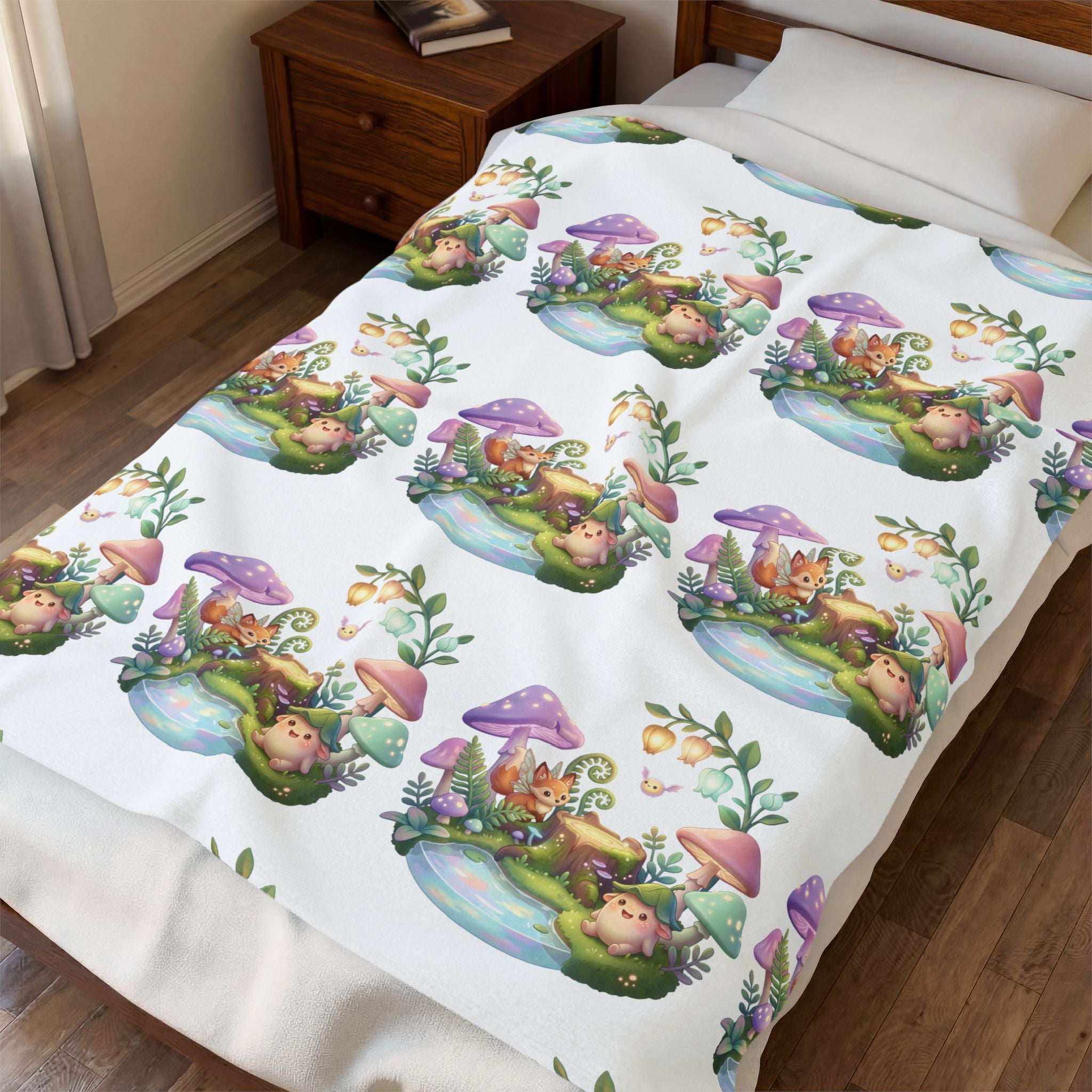 Fantasy Mushroom Fairy Velveteen Plush Blanket — Cute Woodland Nursery Throw