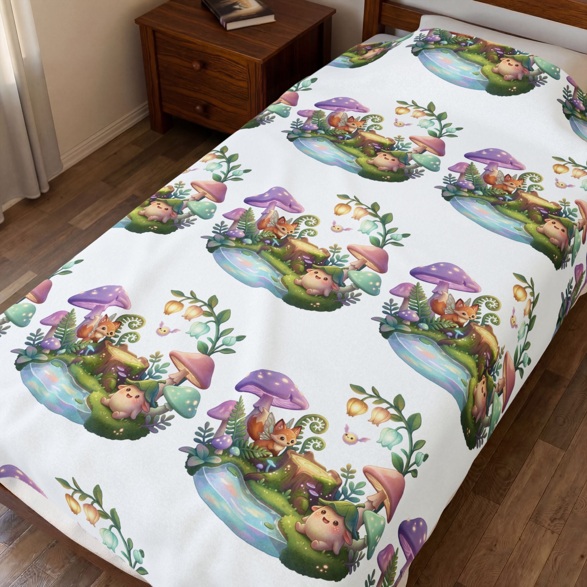 Fantasy Mushroom Fairy Velveteen Plush Blanket — Cute Woodland Nursery Throw